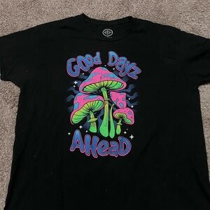 DOM it’s about the art  “good vibes ahead” neon mushroom shirt.